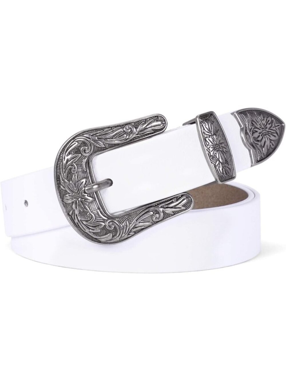 Women's C-White Leather Belts Vintage Western Design Silver Buckle Waist Belt